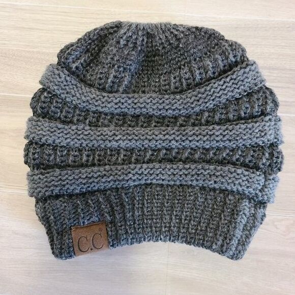 Dark Gray Knit Ponytail Beanie Ribbed Winter Hat w/ Top Opening for Hair - Picture 4 of 5